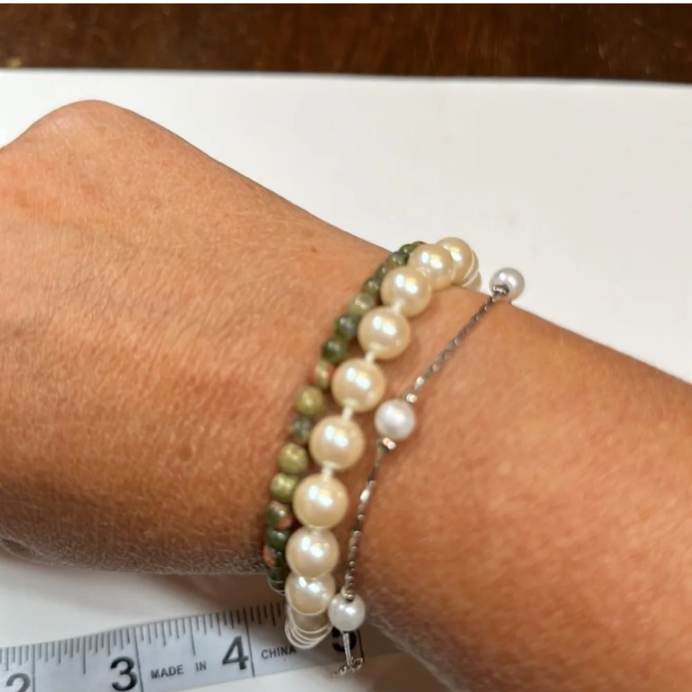 2in1 Zara Gold Genuine White Pearl Line 2-Linked Chained Bracelets